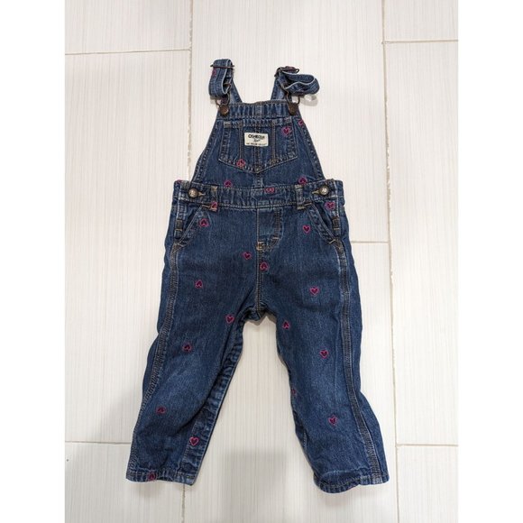 OshKosh B'gosh Heart Embroidered Bib Denim Overalls Size 18M - Picture 1 of 5